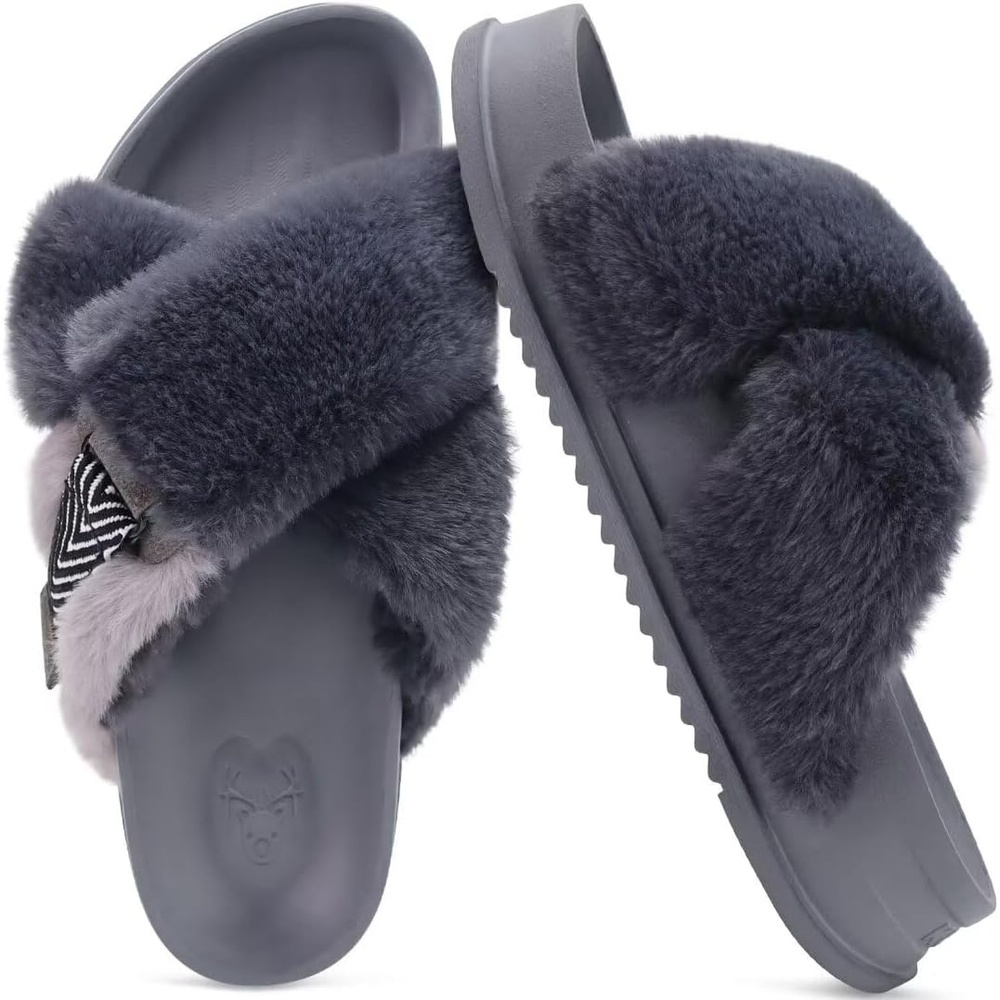 image:imageKuaiLu Womens Fuzzy Cross Band Arch Support Memory Foam Indoor SlippersGrey