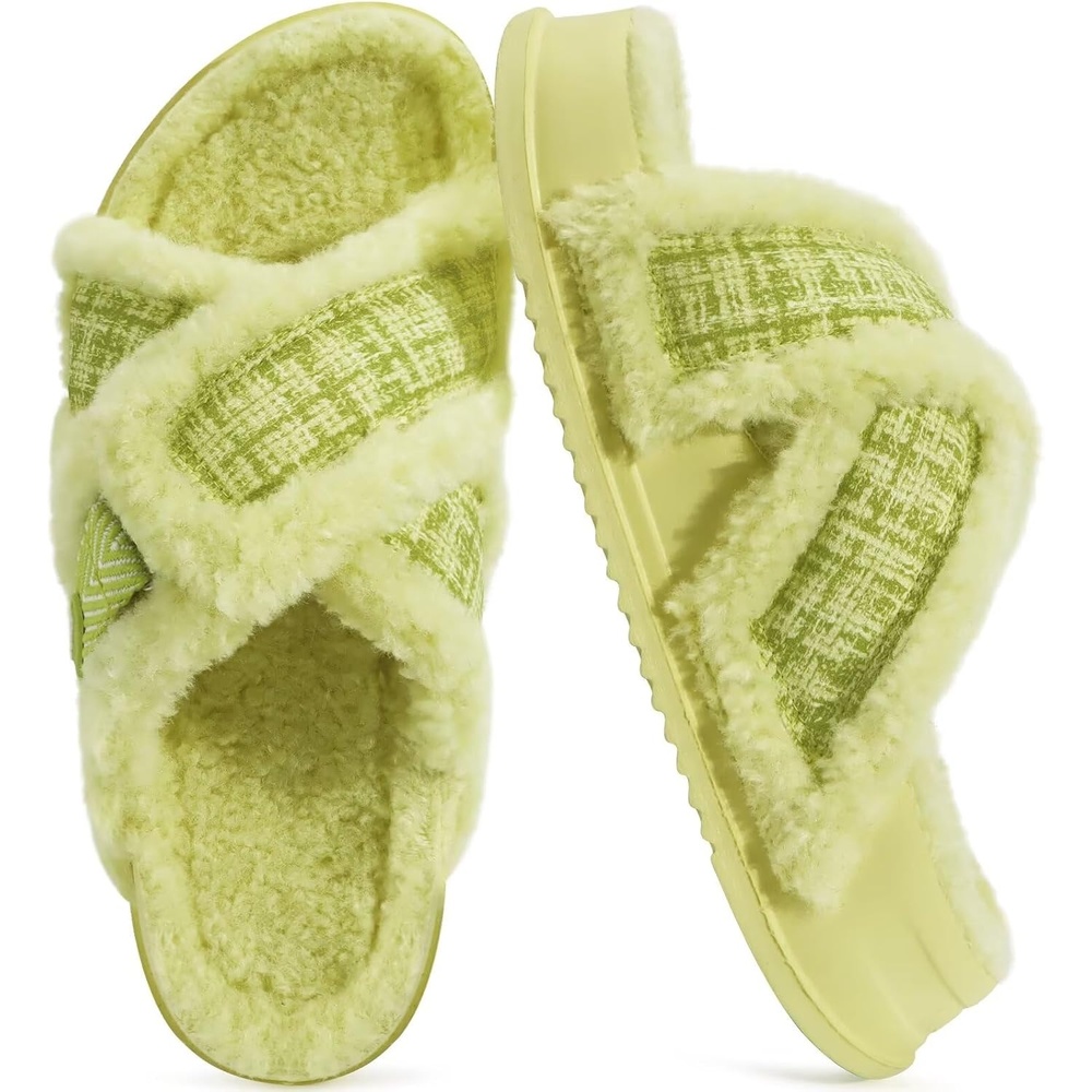 image:imageKuaiLu Womens Fuzzy Cross Band Arch Support Memory Foam Indoor SlippersNeon Green