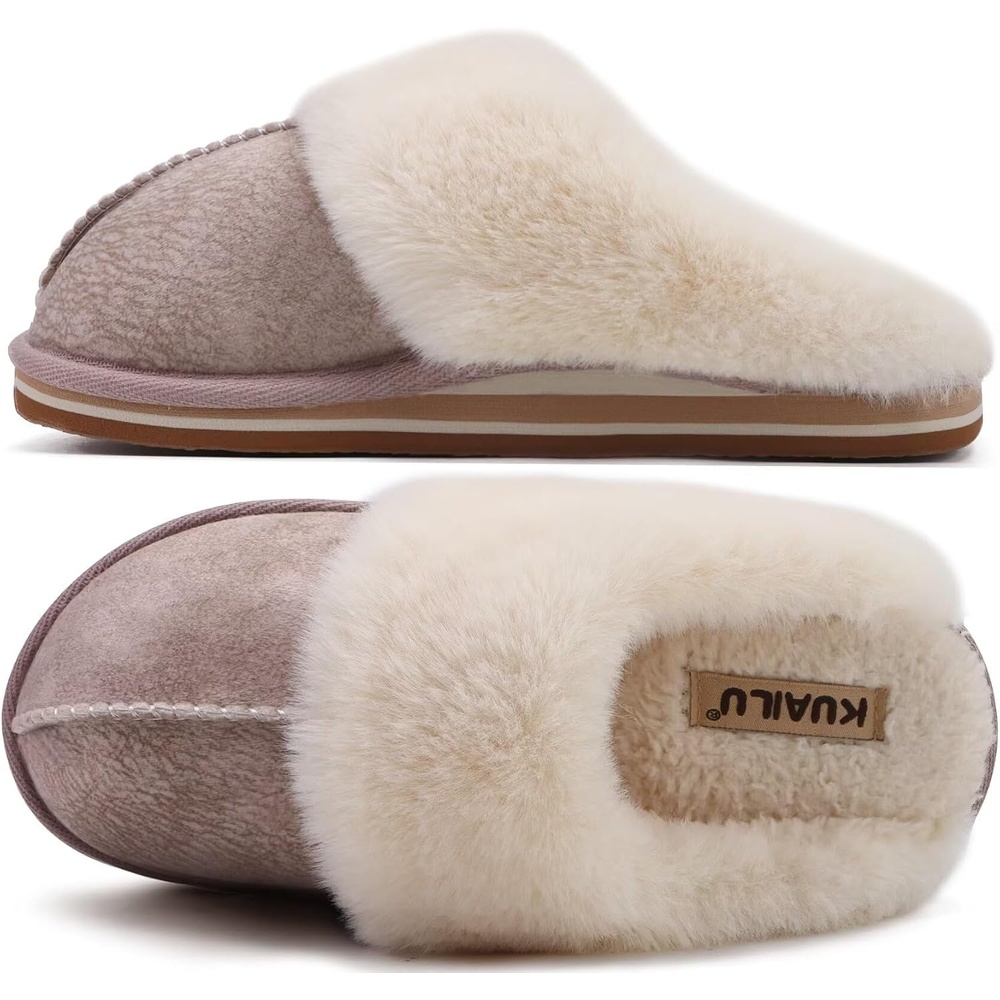 image:imageKuaiLu Womens Fuzzy Memory Foam Slippers Warm House Shoes Arch SupportBeige