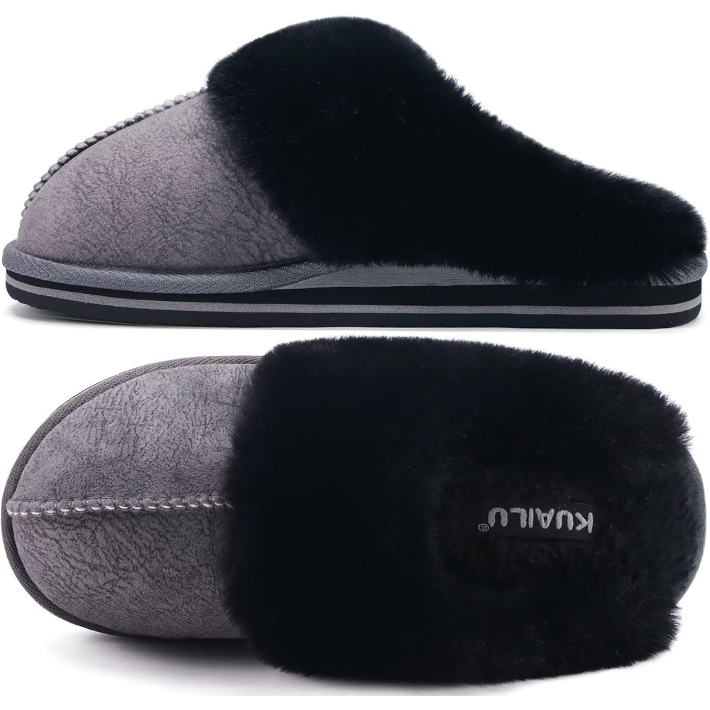 image:imageKuaiLu Womens Fuzzy Memory Foam Slippers Warm House Shoes Arch SupportBlack