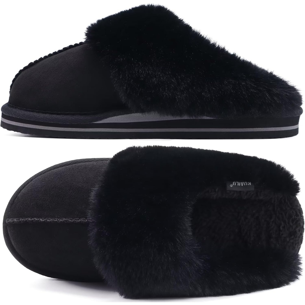 image:imageKuaiLu Womens Fuzzy Memory Foam Slippers Warm House Shoes Arch SupportDark Black