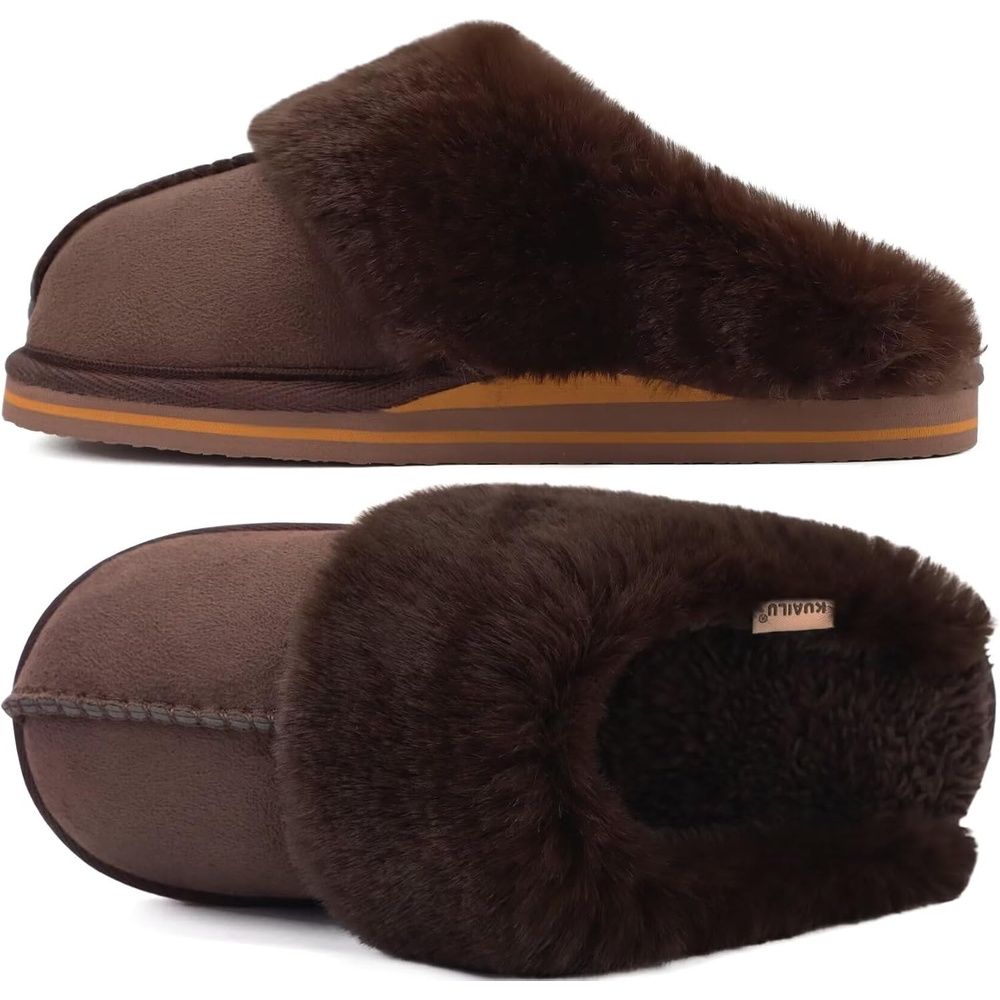image:imageKuaiLu Womens Fuzzy Memory Foam Slippers Warm House Shoes Arch SupportDark Brown
