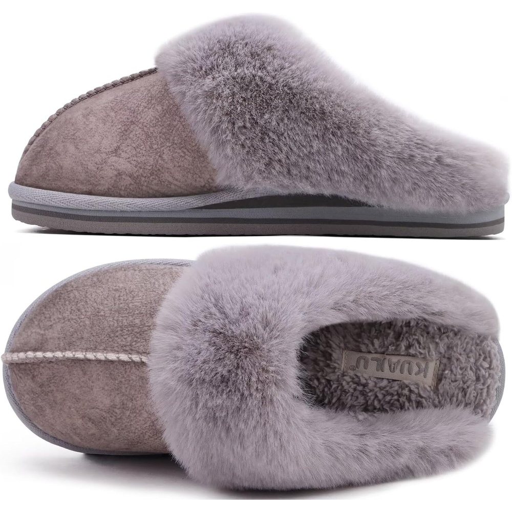 image:imageKuaiLu Womens Fuzzy Memory Foam Slippers Warm House Shoes Arch SupportGrey