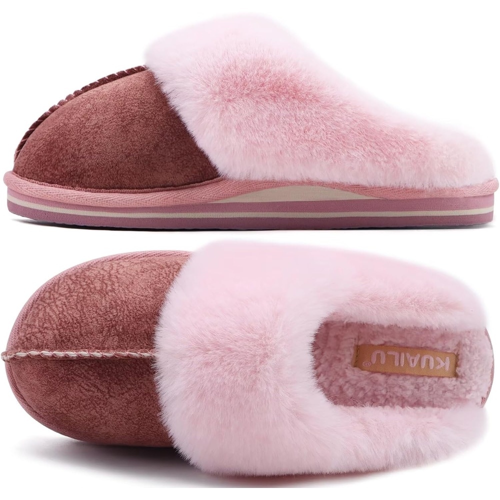 image:imageKuaiLu Womens Fuzzy Memory Foam Slippers Warm House Shoes Arch SupportPink