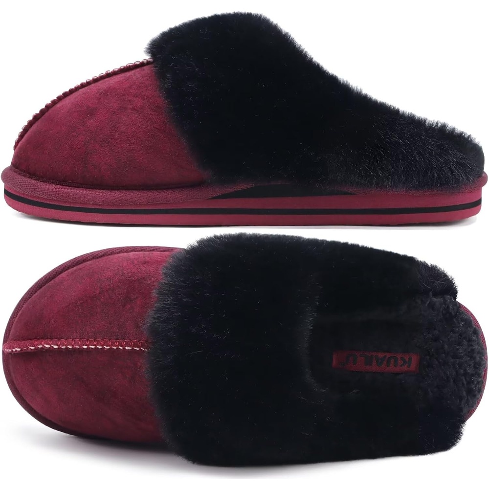 image:imageKuaiLu Womens Fuzzy Memory Foam Slippers Warm House Shoes Arch SupportRed