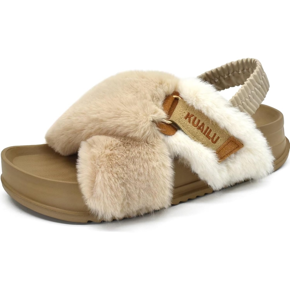 image:imageKuaiLu Womens Fuzzy Soft Platform Slippers with Arch Support Faux FurBeige