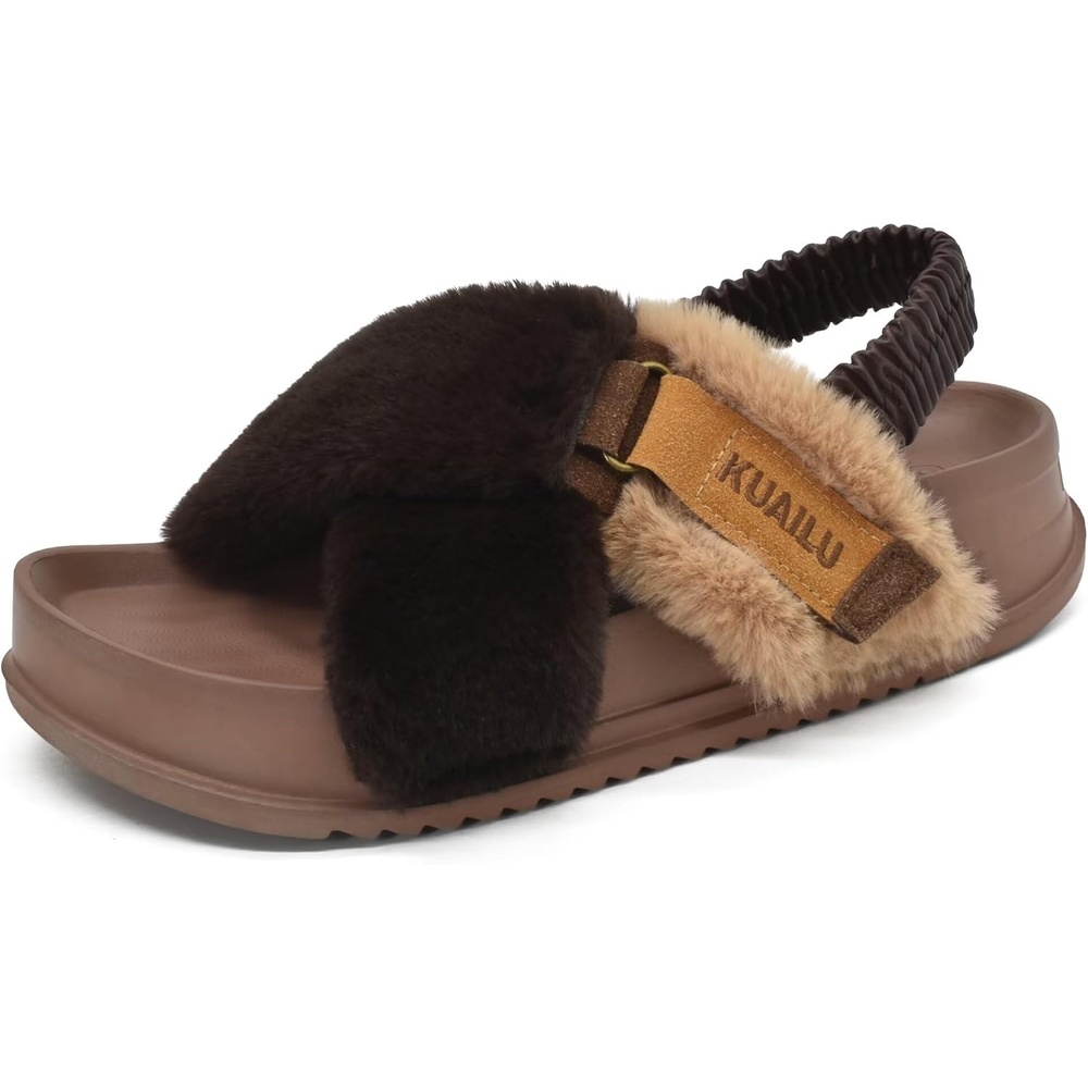 image:imageKuaiLu Womens Fuzzy Soft Platform Slippers with Arch Support Faux FurBrown