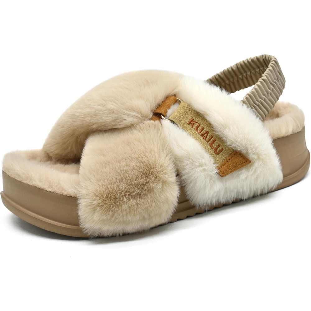image:imageKuaiLu Womens Fuzzy Soft Platform Slippers with Arch Support Faux FurPlush Beige