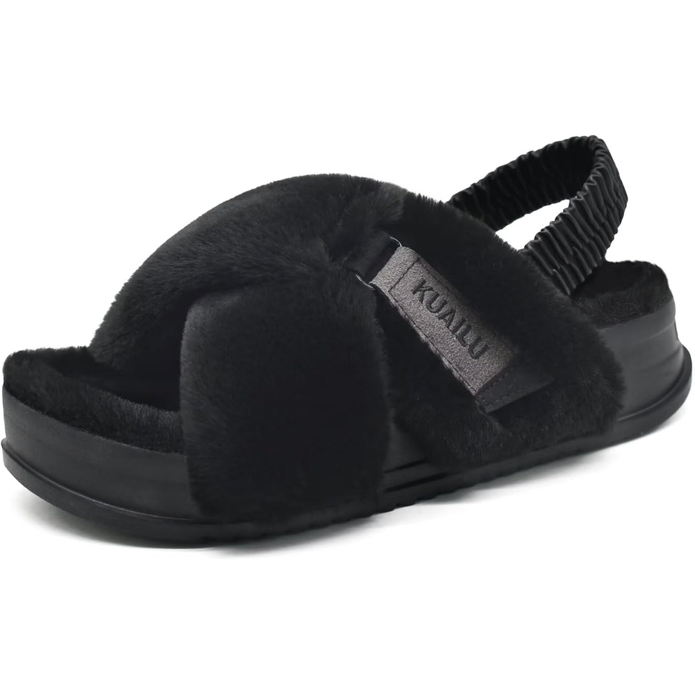 image:imageKuaiLu Womens Fuzzy Soft Platform Slippers with Arch Support Faux FurPlush Black