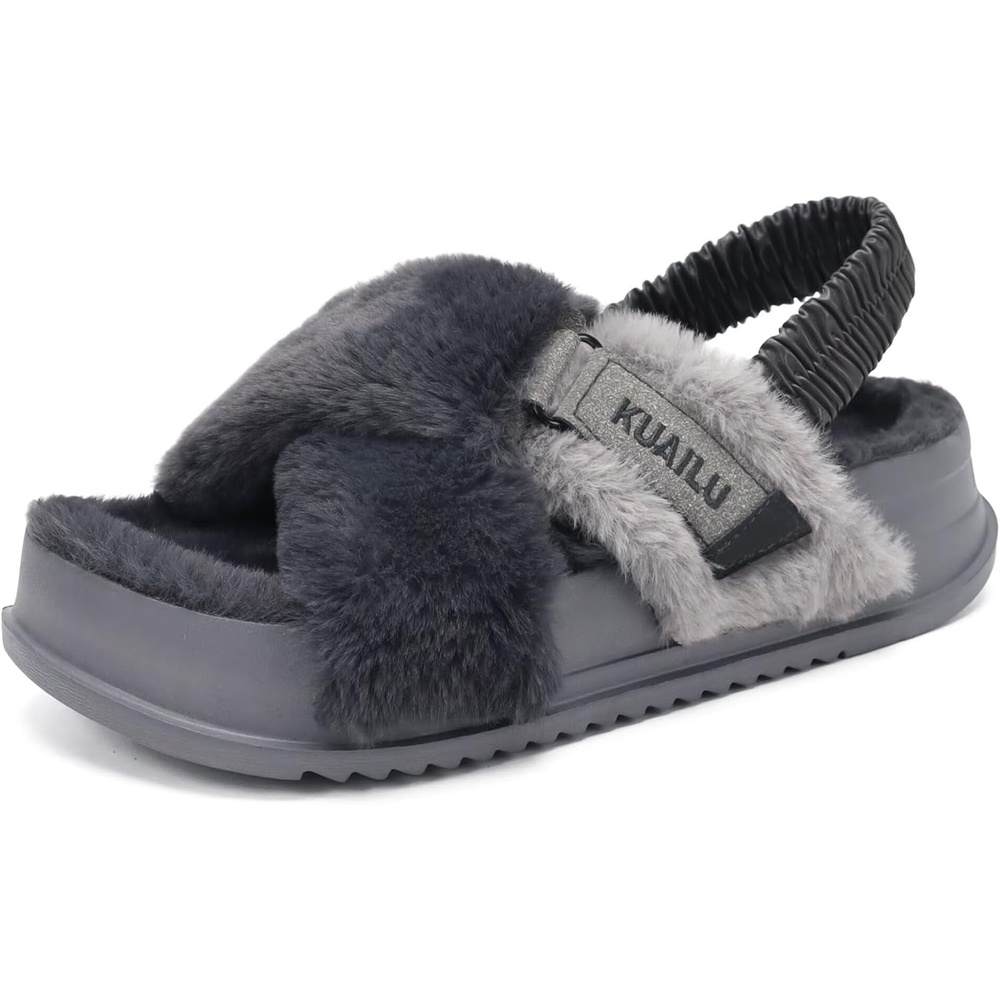 image:imageKuaiLu Womens Fuzzy Soft Platform Slippers with Arch Support Faux FurPlush Grey