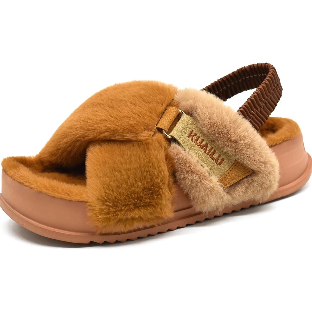 image:imageKuaiLu Womens Fuzzy Soft Platform Slippers with Arch Support Faux FurPlush Tan