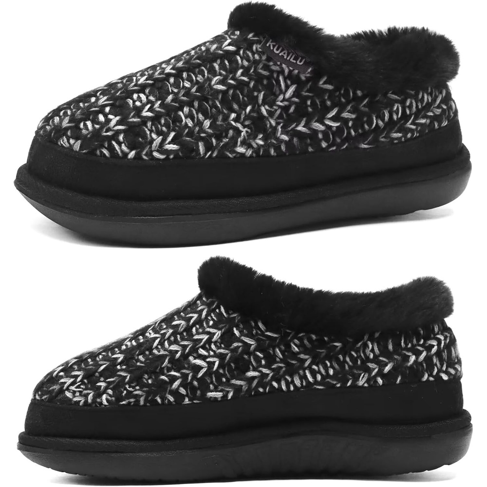 image:imageKuaiLu Womens Memory Foam Knit House Slippers Arch Support Slipper Ladies Warm Fuzzy Faux Fur Lined Winter Shoes with Indoor Outdoor Rubber SoleBlackgo One Size Up
