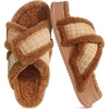 KuaiLu Womens Fuzzy Cross Band Arch Support Memory Foam Indoor Slippers(Khaki)
