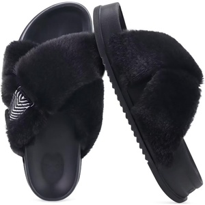 KuaiLu Womens Fuzzy Cross Band Arch Support Memory Foam Indoor Slippers(Black)