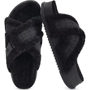 KuaiLu Womens Fuzzy Cross Band Arch Support Memory Foam Indoor Slippers(Elegant Black)