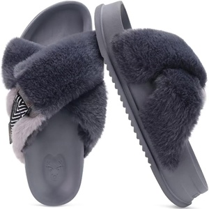 KuaiLu Womens Fuzzy Cross Band Arch Support Memory Foam Indoor Slippers(Grey)