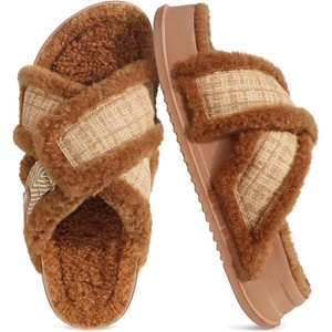 KuaiLu Womens Fuzzy Cross Band Arch Support Memory Foam Indoor Slippers(Khaki)