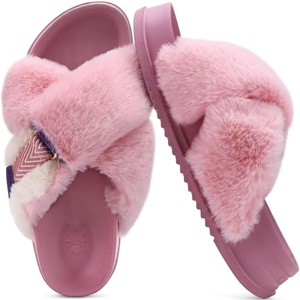 KuaiLu Womens Fuzzy Cross Band Arch Support Memory Foam Indoor Slippers(Pink)
