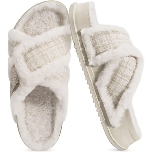 KuaiLu Womens Fuzzy Cross Band Arch Support Memory Foam Indoor Slippers(Snow White)