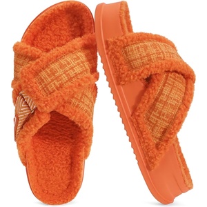 KuaiLu Womens Fuzzy Cross Band Arch Support Memory Foam Indoor Slippers(Vibrant Orange)