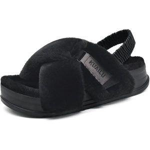 KuaiLu Womens Fuzzy Soft Platform Slippers with Arch Support Faux Fur(Plush Black)