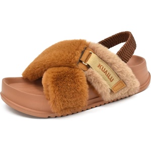 KuaiLu Womens Fuzzy Soft Platform Slippers with Arch Support Faux Fur(Tan)