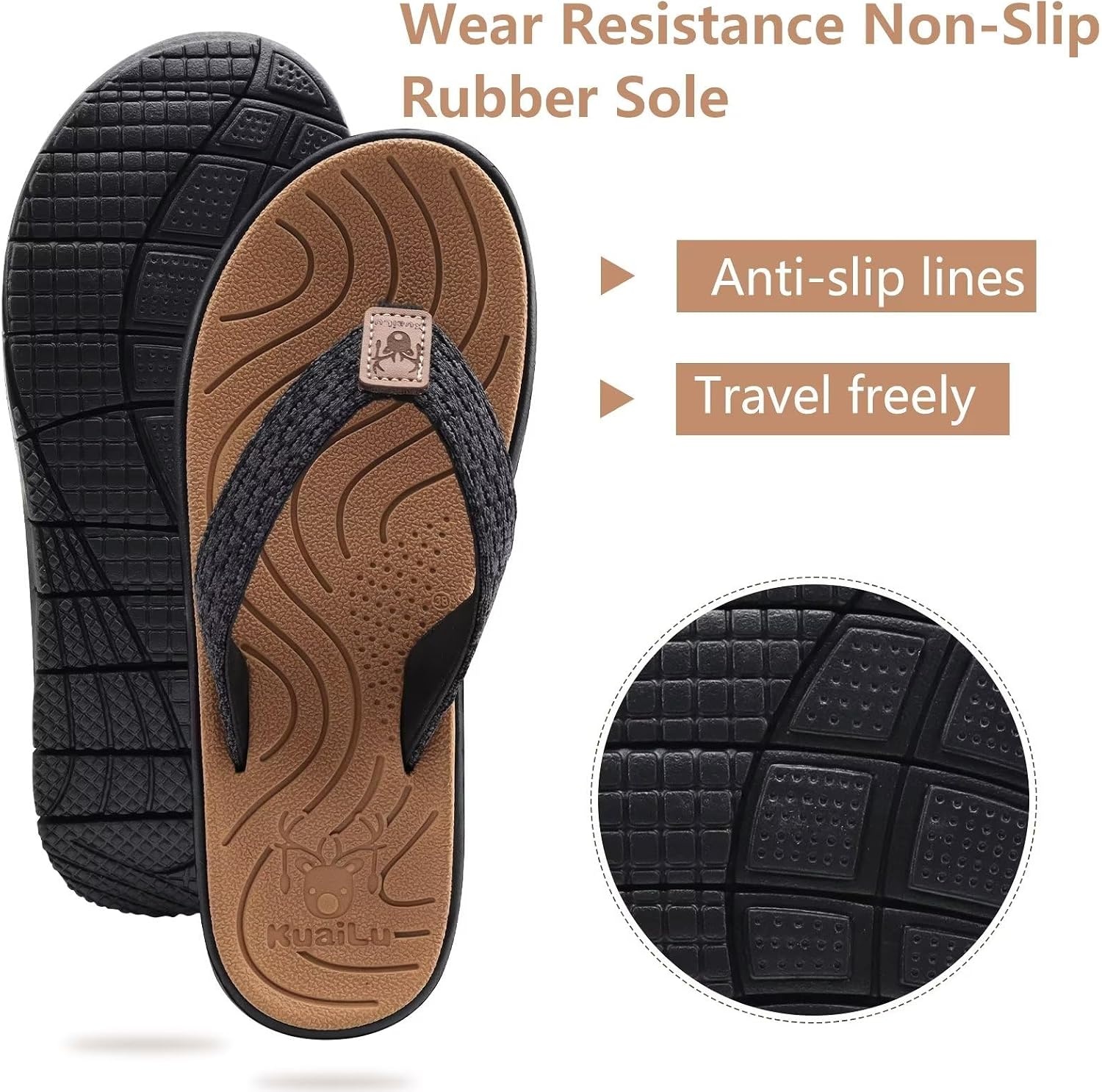 image:imageKuaiLu Casual Flip Flops for Women Lightweight Cushion Summer Beach SandalsKhaki Black