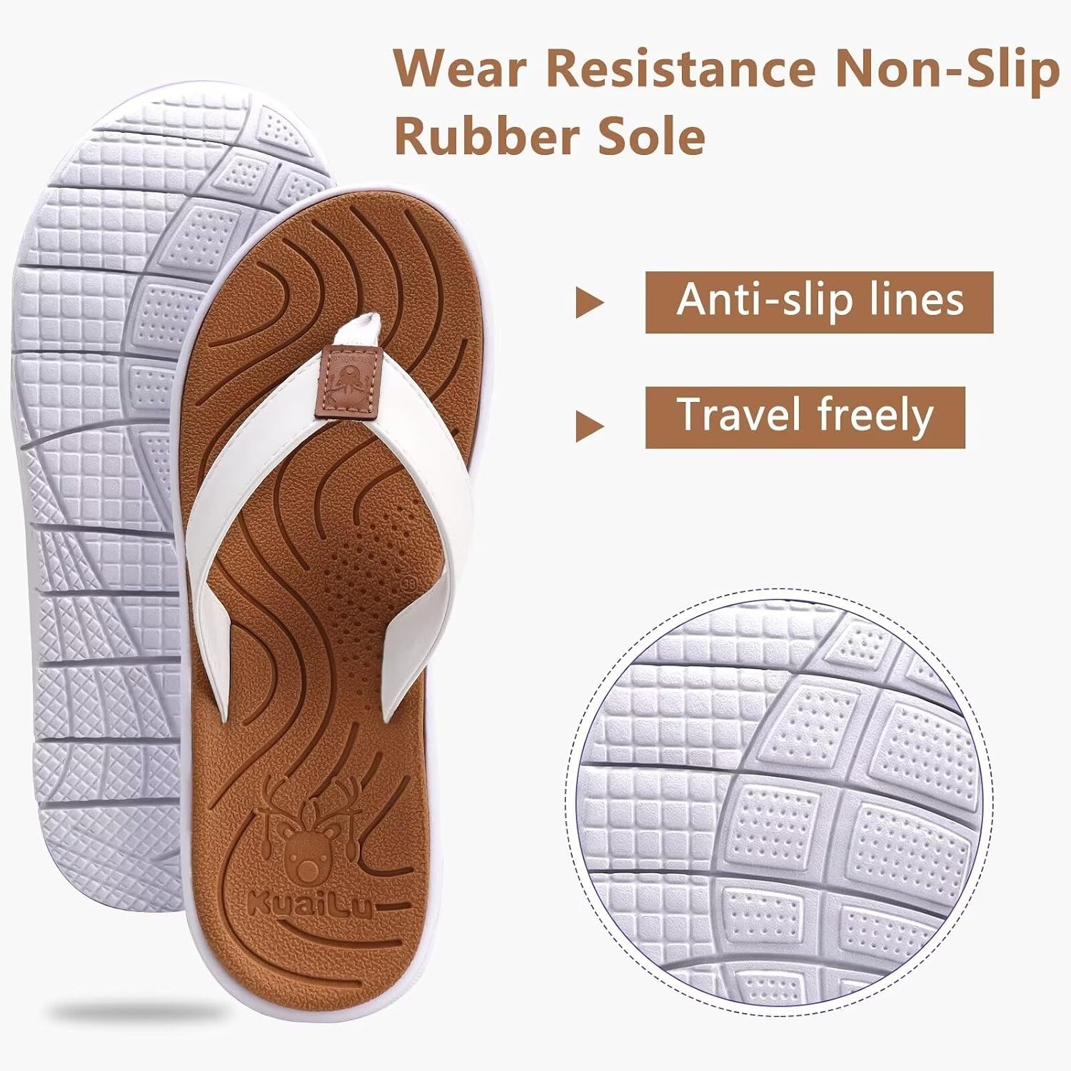 image:imageKuaiLu Casual Flip Flops for Women Lightweight Cushion Summer Beach SandalsWhite Khaki