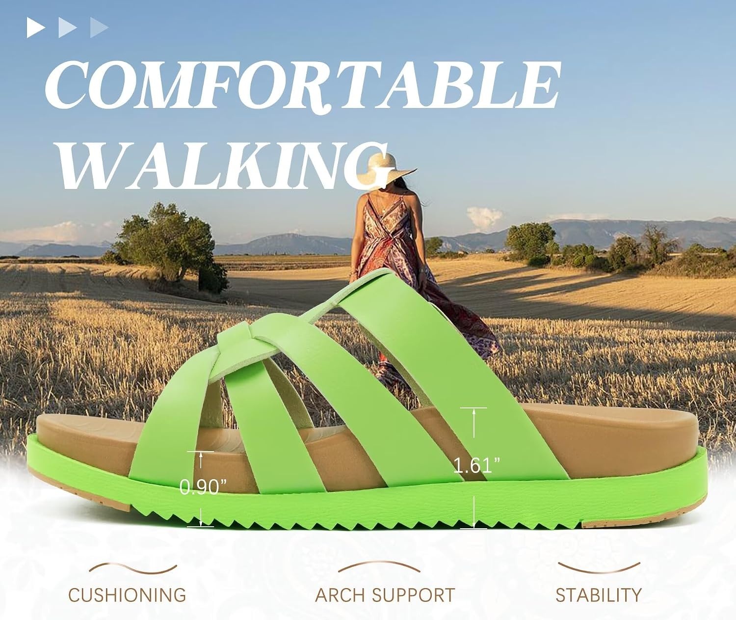 image:imageKuaiLu Gladiator Sandals for Women with Comfortable Arch SupportNeon Green Go One Size Up