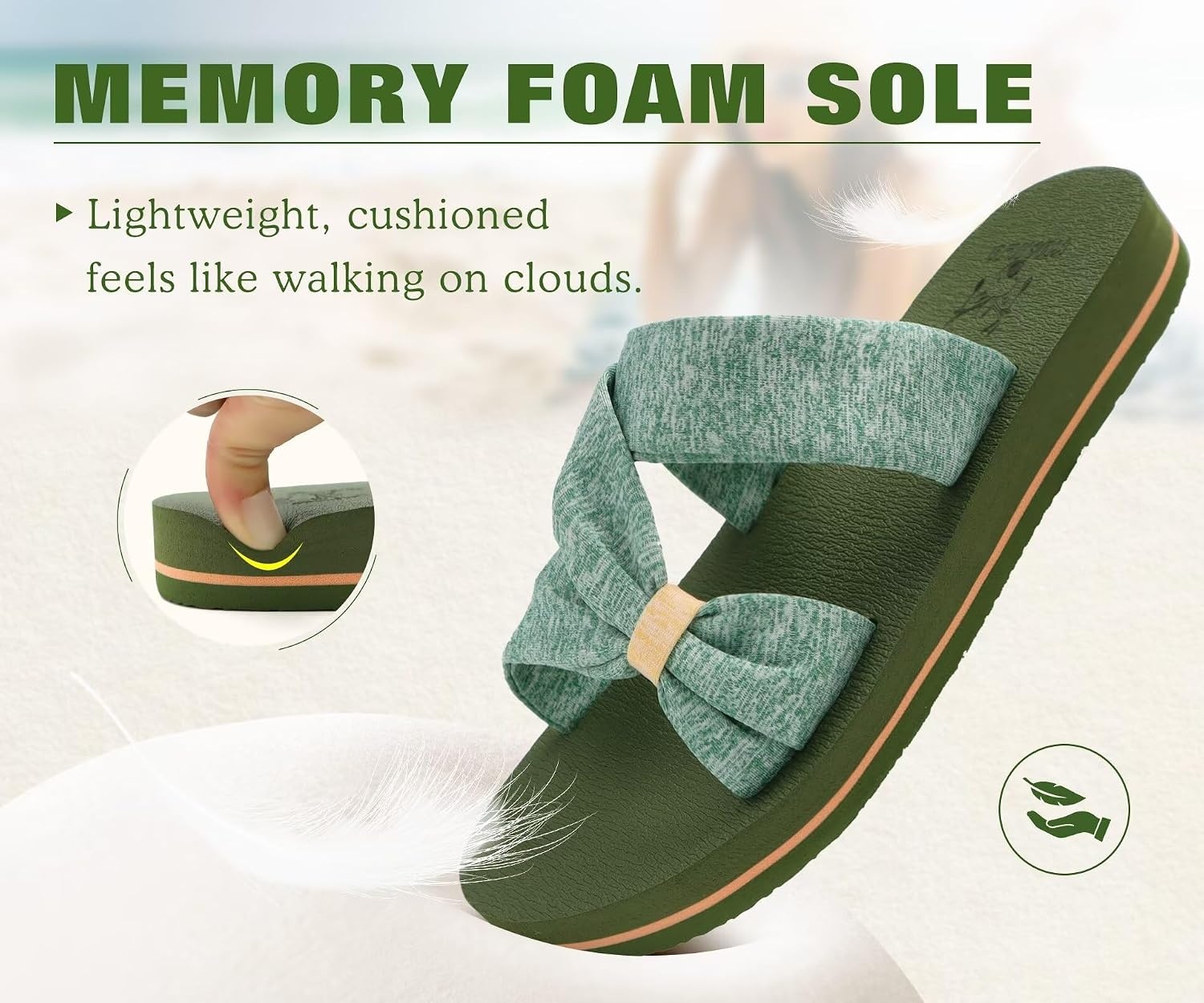 image:imageKuaiLu Womens Dressy Bow Sandals Arch Support Yoga Foam Walking Beach SlideGreen