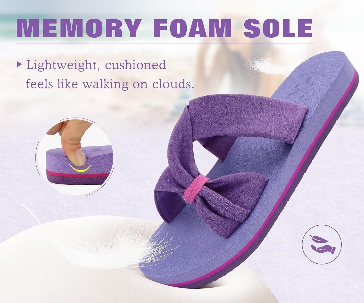 image:imageKuaiLu Womens Dressy Bow Sandals Arch Support Yoga Foam Walking Beach SlidePurple
