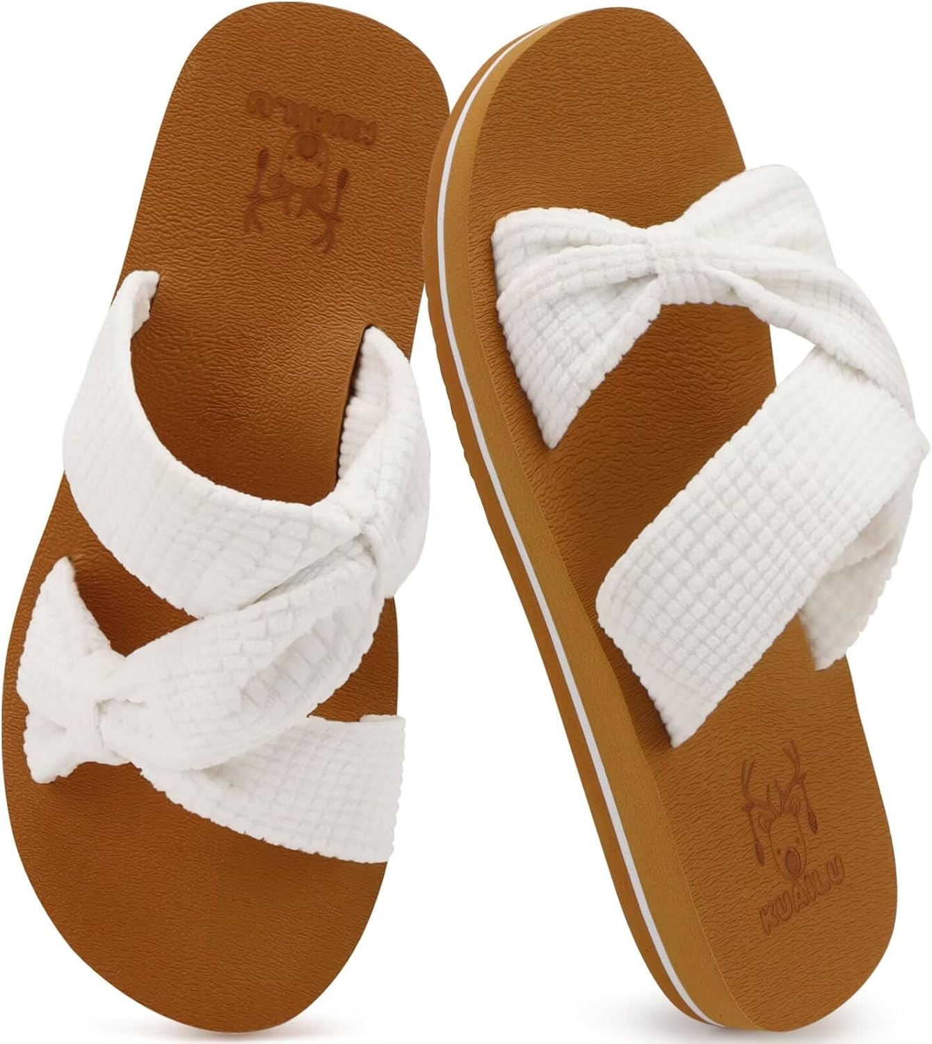 image:imageKuaiLu Womens Dressy Bow Sandals Arch Support Yoga Foam Walking Beach SlideWhite Khaki