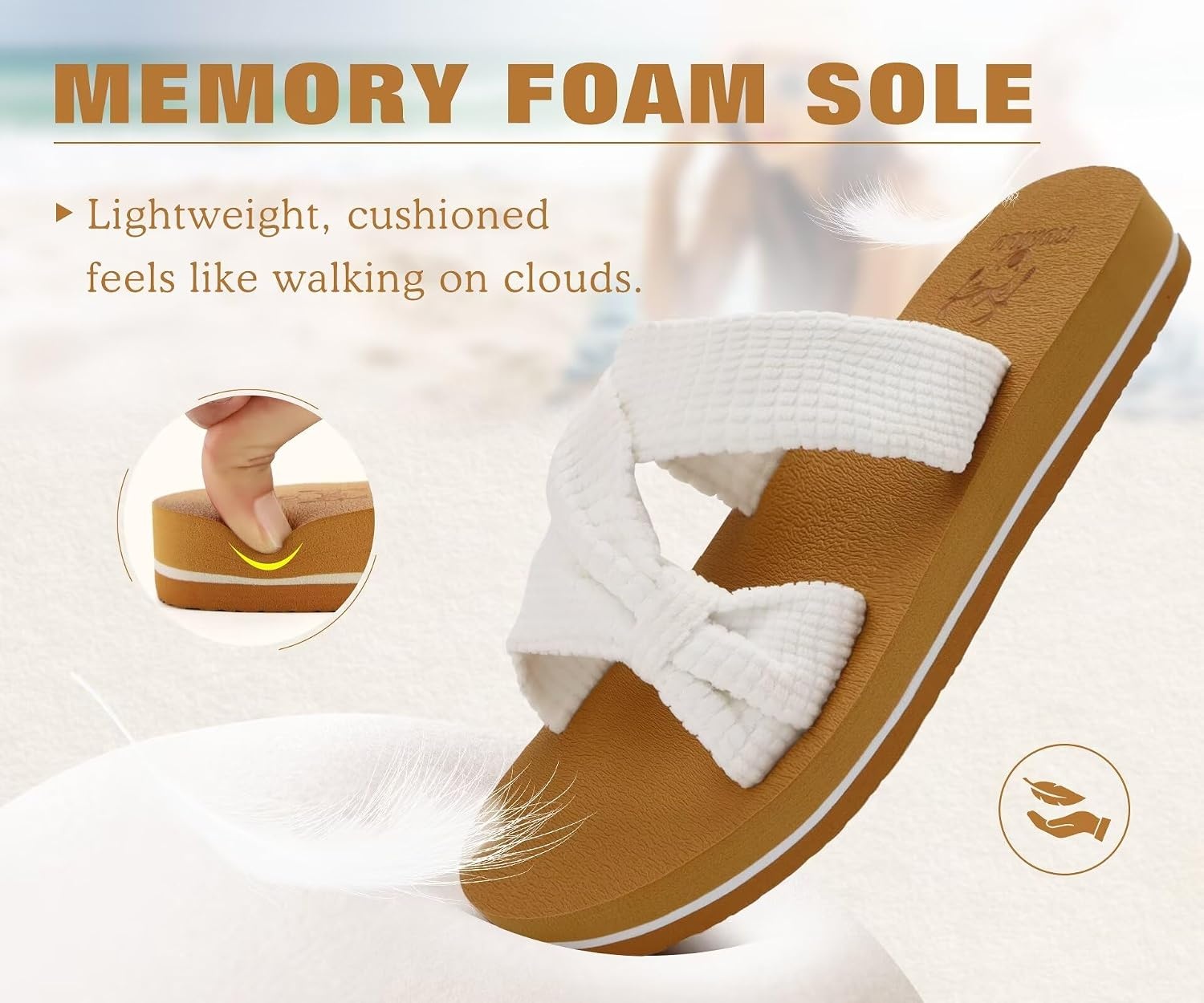 image:imageKuaiLu Womens Dressy Bow Sandals Arch Support Yoga Foam Walking Beach SlideWhite Khaki