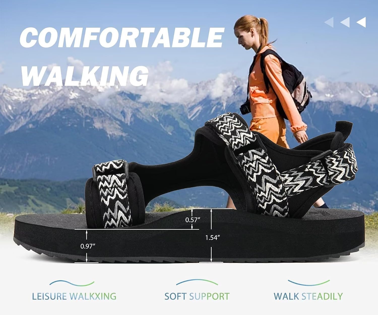 image:imageKuaiLu Womens Walking Sandals Comfortable Arch Support Summer Hiking ShoesRippleblack