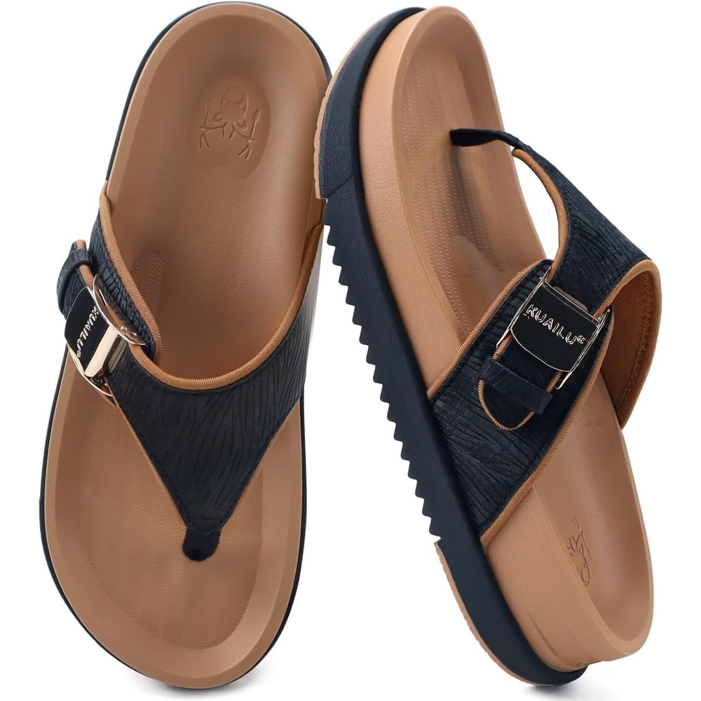 image:imageKuaiLu Flip Flops for Womens Orthotic Platform Sandals with Arch SupportBlack Khaki