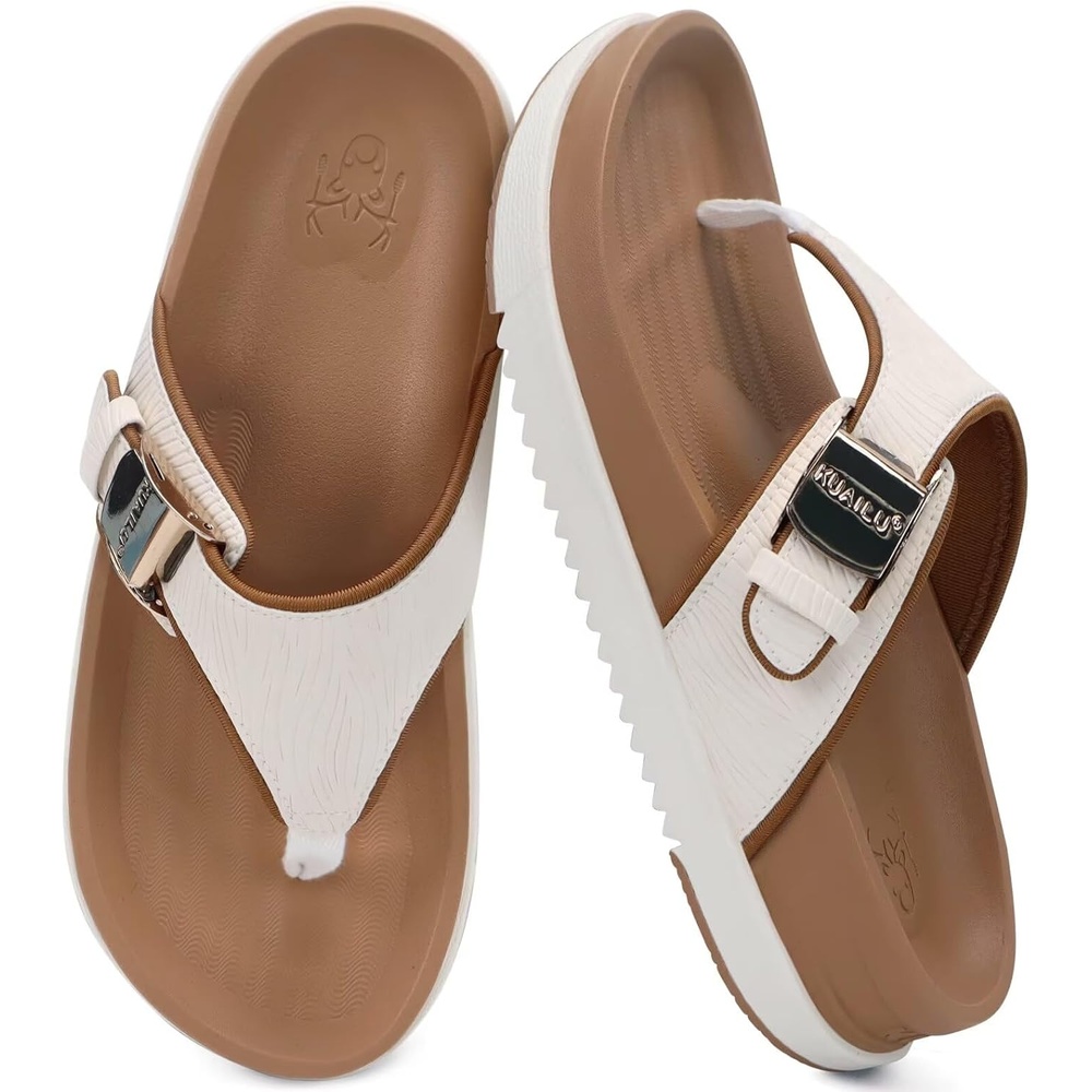 image:imageKuaiLu Flip Flops for Womens Orthotic Platform Sandals with Arch SupportWhite Khaki