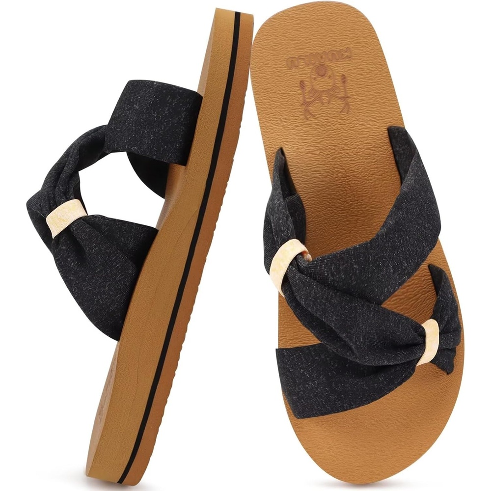 image:imageKuaiLu Womens Dressy Bow Sandals Arch Support Yoga Foam Walking Beach SlideBlack Khaki