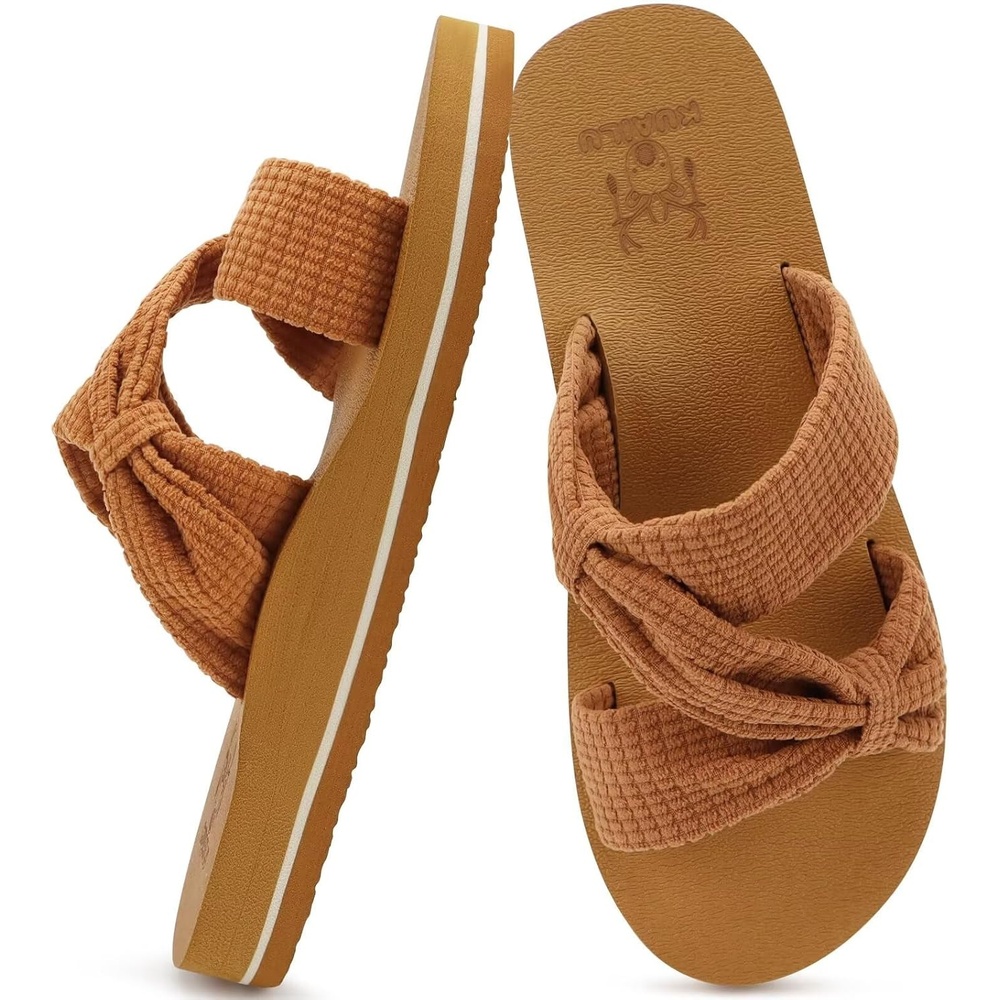 image:imageKuaiLu Womens Dressy Bow Sandals Arch Support Yoga Foam Walking Beach SlideKhaki
