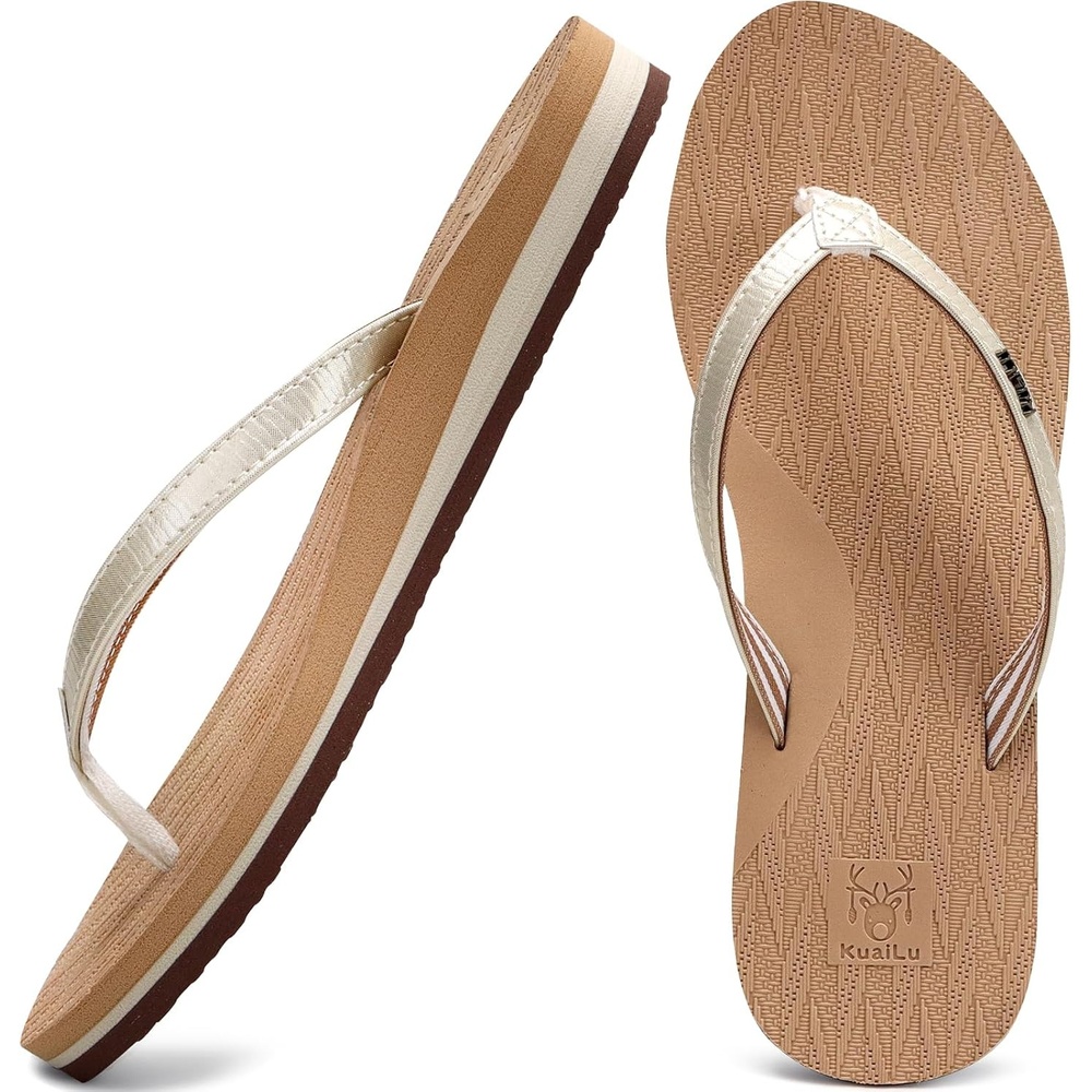 image:imageKuaiLu Womens Fashion Flip Flops Ladies Summer Beach Yoga Mat Thong SandalsShiny Beige