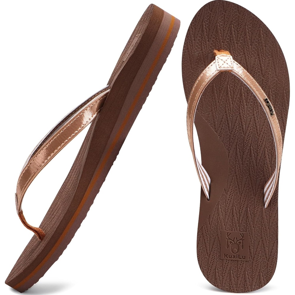 image:imageKuaiLu Womens Fashion Flip Flops Ladies Summer Beach Yoga Mat Thong SandalsShiny Brown