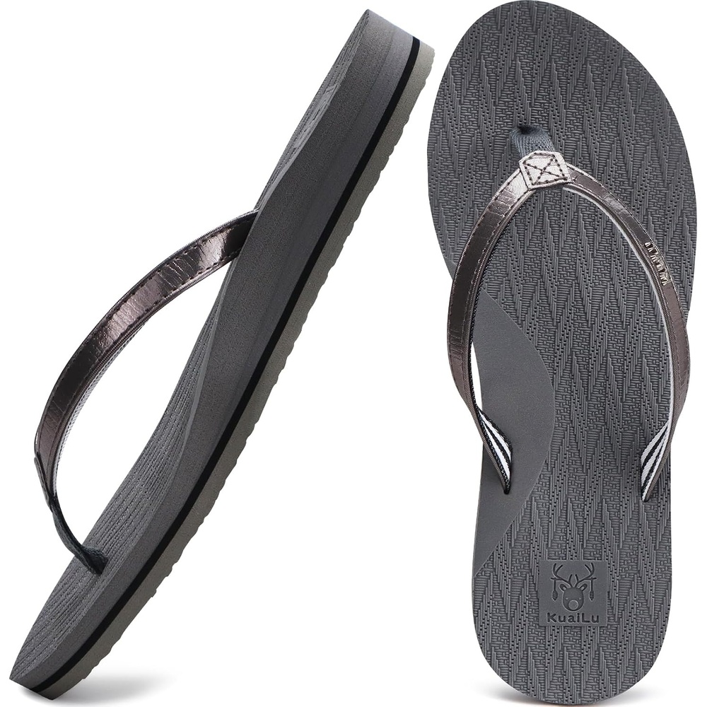 image:imageKuaiLu Womens Fashion Flip Flops Ladies Summer Beach Yoga Mat Thong SandalsShiny Grey