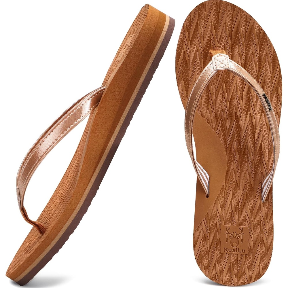 image:imageKuaiLu Womens Fashion Flip Flops Ladies Summer Beach Yoga Mat Thong SandalsShiny Khaki