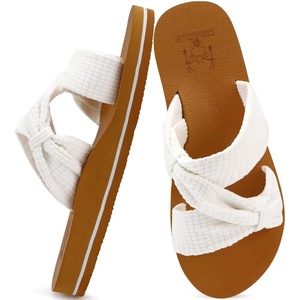 KuaiLu Womens Dressy Bow Sandals Arch Support Yoga Foam Walking Beach Slide(White Khaki)