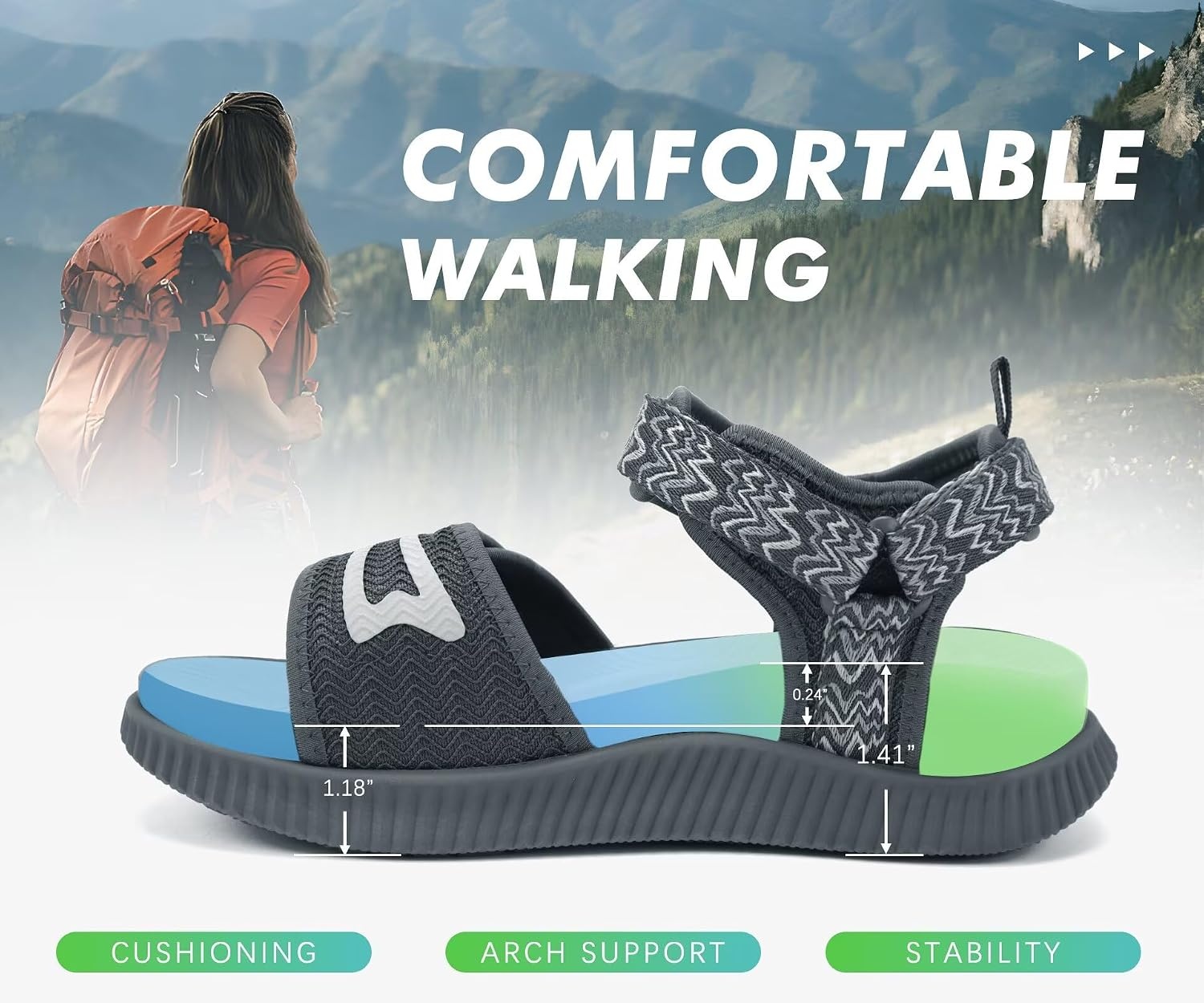 image:imageKuaiLu Womens Orthopedic Recovery Walking Arch Support Sandals Cushion FoamGrey