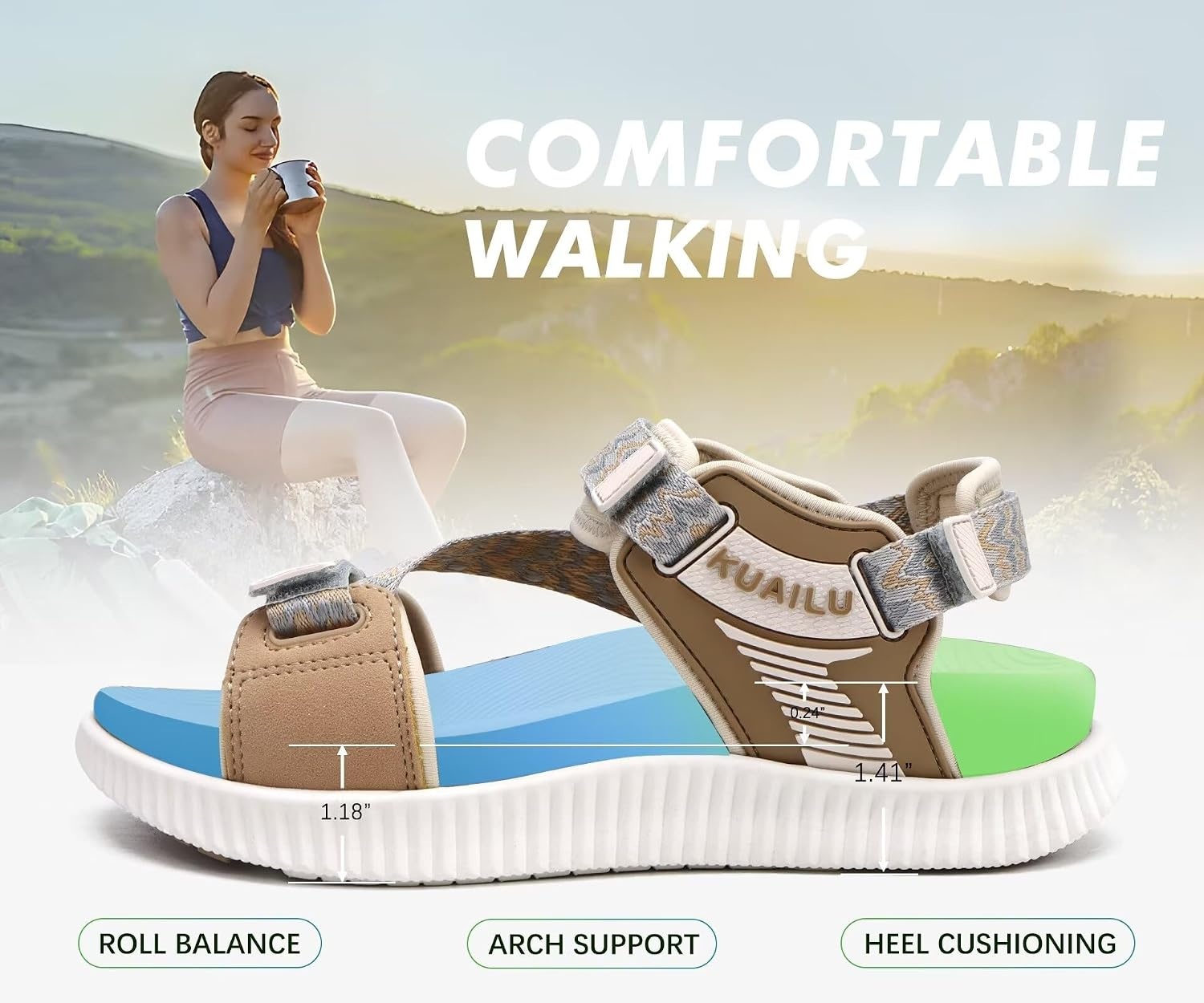 image:imageKuaiLu Womens Orthopedic Walking Sandals with Arch Support Recovery CushionBeige