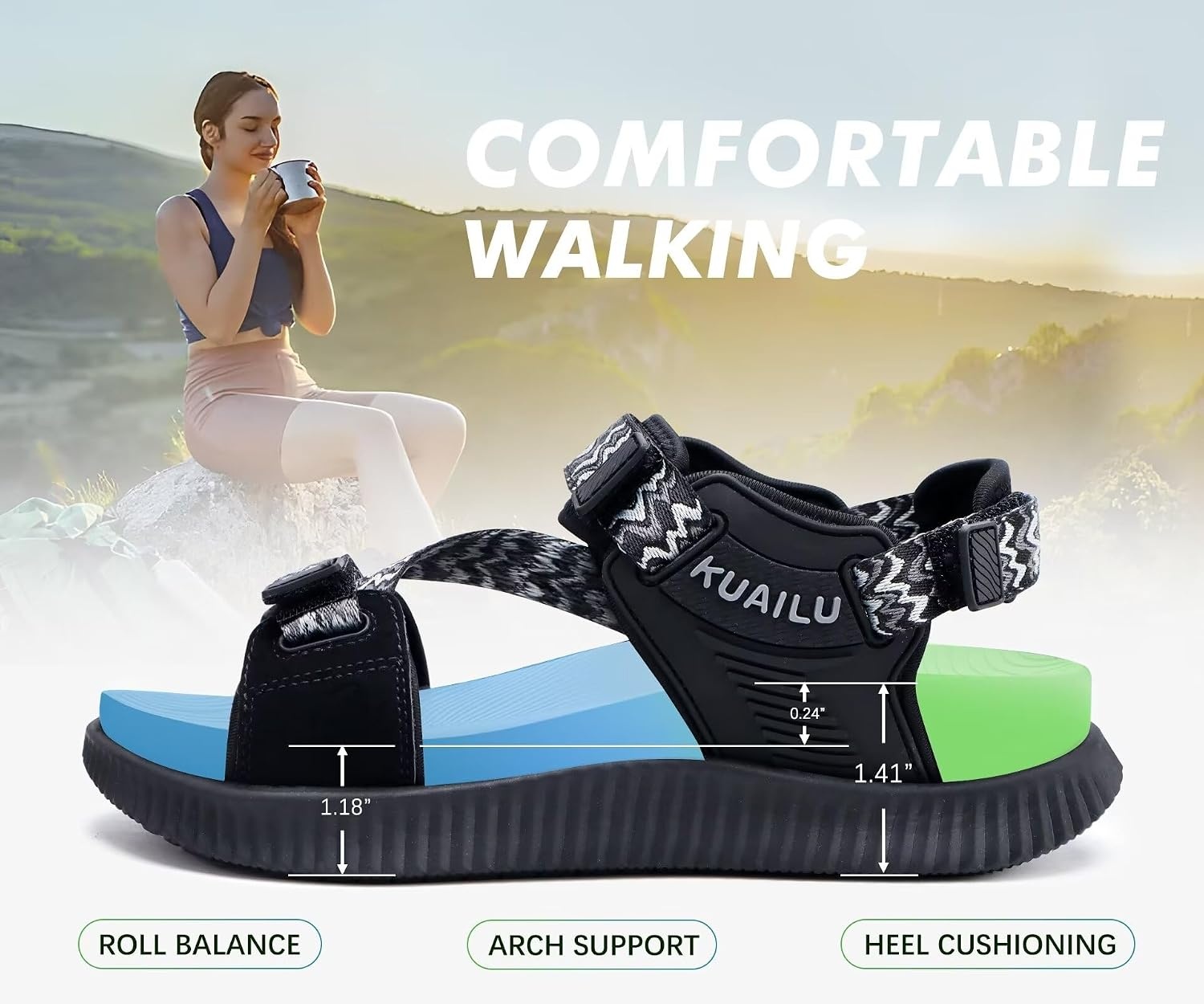 image:imageKuaiLu Womens Orthopedic Walking Sandals with Arch Support Recovery CushionBlack