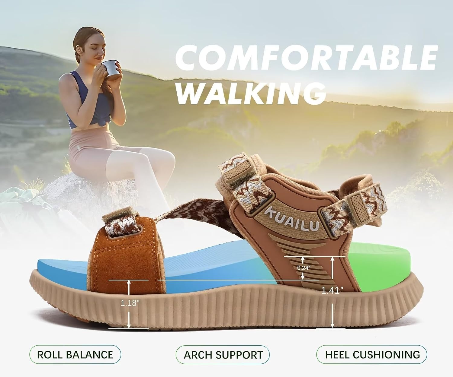 image:imageKuaiLu Womens Orthopedic Walking Sandals with Arch Support Recovery CushionKhaki