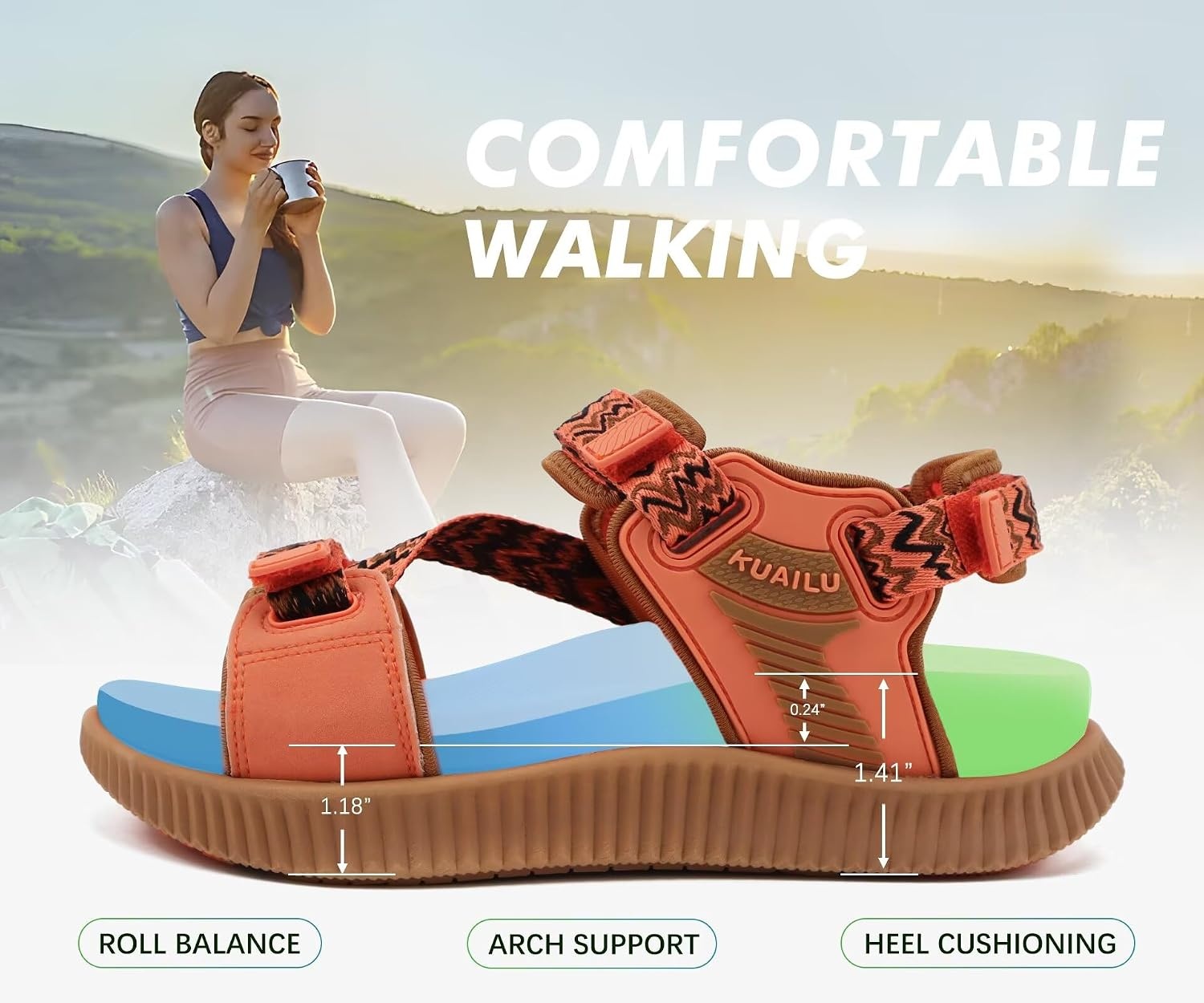 image:imageKuaiLu Womens Orthopedic Walking Sandals with Arch Support Recovery CushionOrange