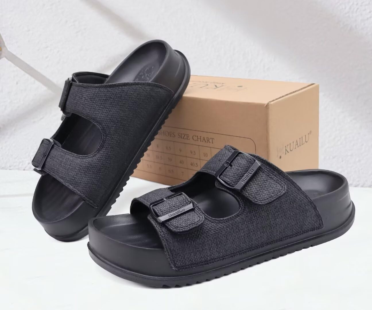 image:imageKuaiLu Womens Sandals with Arch Support Comfortable Orthopedic Cushion Recovery Slides Summer Fashion Leather Double Buckle Casual Slip On Plantar Fasciitis Shoes for IndoorampOutdoor US Size 612Black