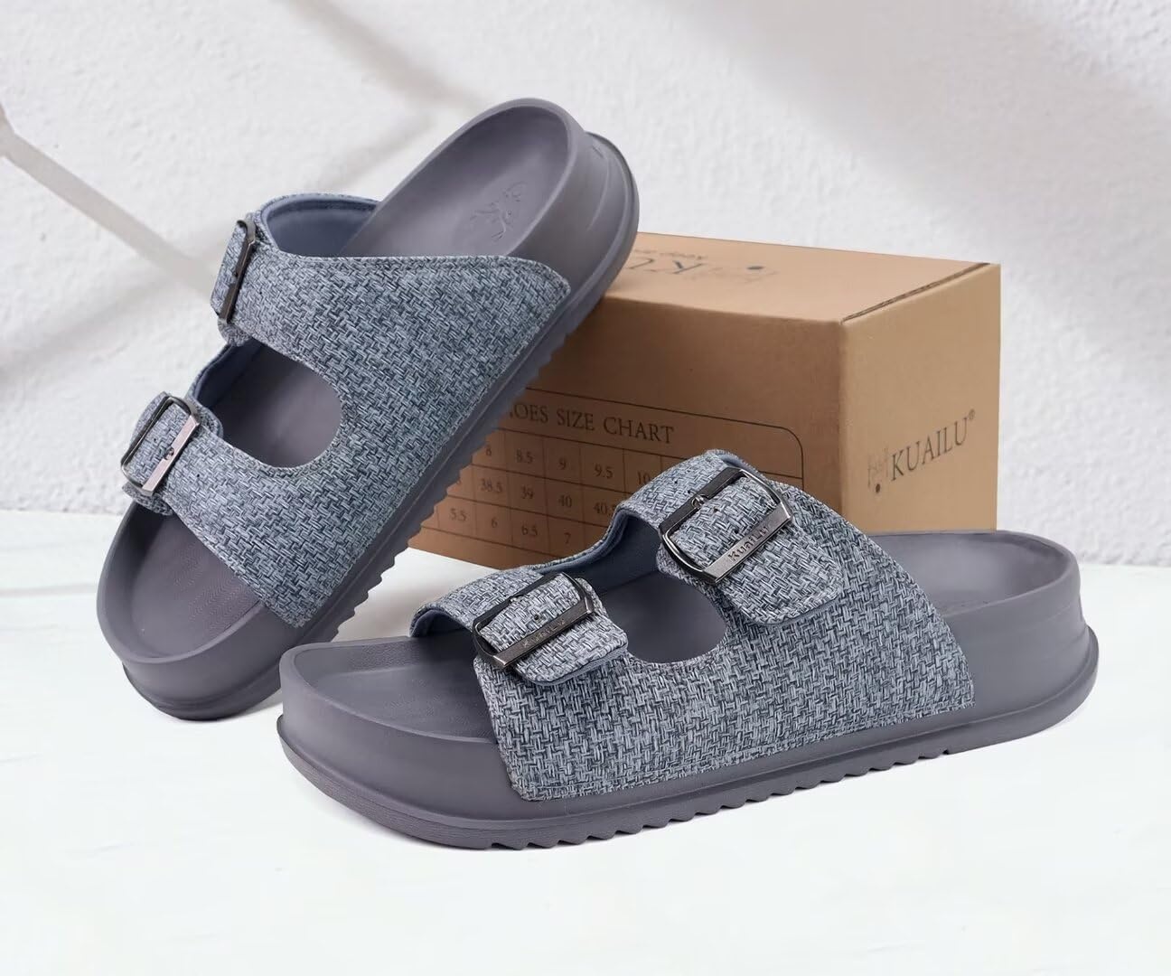 image:imageKuaiLu Womens Sandals with Arch Support Comfortable Orthopedic Cushion Recovery Slides Summer Fashion Leather Double Buckle Casual Slip On Plantar Fasciitis Shoes for IndoorampOutdoor US Size 612Grey